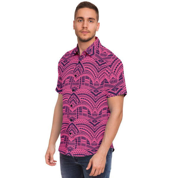 Polynesian Design Collar Shirt Indigo Violet - Atikapu 00285-Short Sleeve Button Down Shirt - AOP-Atikapu