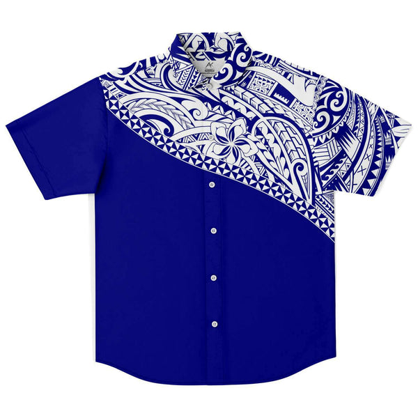 Poly Mix Shirt - Navy Blue-Short Sleeve Button Down Shirt - AOP-Atikapu