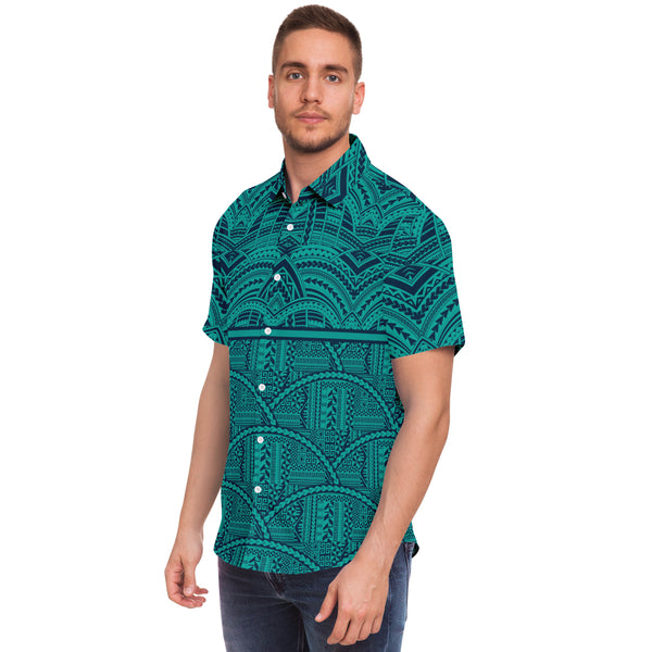 Polynesian Design Collar Shirt Ora Beach Blue - Atikapu 00284-Short Sleeve Button Down Shirt - AOP-Atikapu