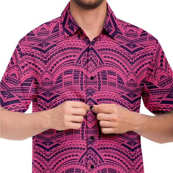 Polynesian Design Collar Shirt Indigo Violet - Atikapu 00285-Short Sleeve Button Down Shirt - AOP-Atikapu