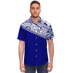 Poly Mix Shirt - Navy Blue-Short Sleeve Button Down Shirt - AOP-Atikapu