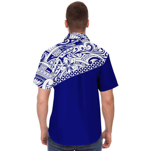 Poly Mix Shirt - Navy Blue-Short Sleeve Button Down Shirt - AOP-Atikapu