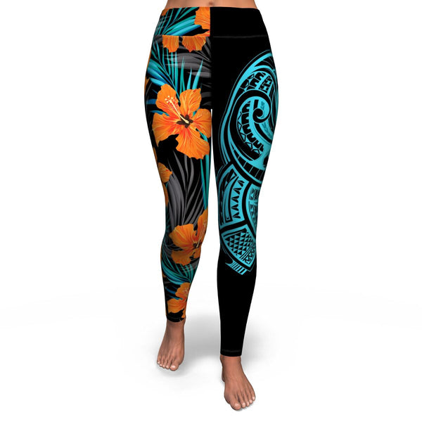 Hawaiian Flower Pattern Mix with Polynesian Design High Waist Leggings-Yoga Leggings - AOP-Atikapu